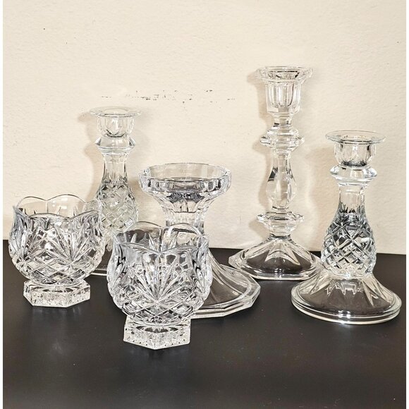 vtg assorted crystal candle holders lot/6 votive taper glass holders wedding dec - Picture 2 of 8